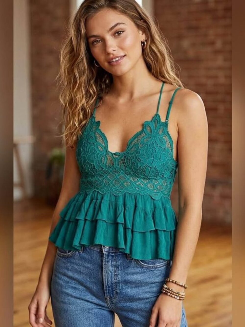 Free People Intimately FP Adella Cami Teal Green Crochet Lace Ruffle Tank – M